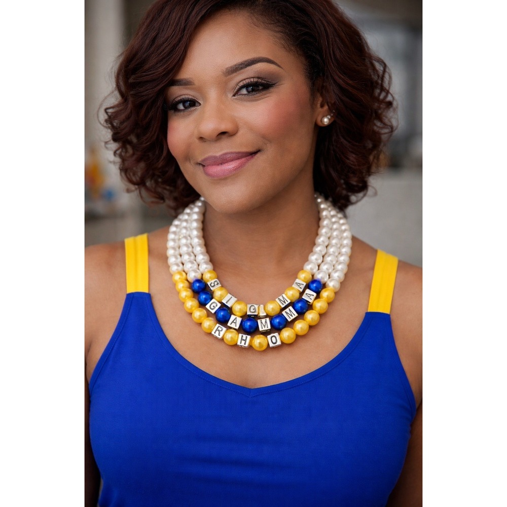 Sigma Gamma Rho Necklace White Gold and‎ Blue 3 Rolls with silver blocks